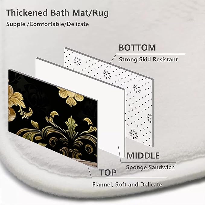 NBVKO 4Pcs Luxury Damascus Gold Flower Pattern Shower Curtain Set with 12 Hooks Non-Slip Rugs,Toilet Lid Cover and Bath Mat,Dark Gold Bathroom Decor for Hotel & Home Bathroom