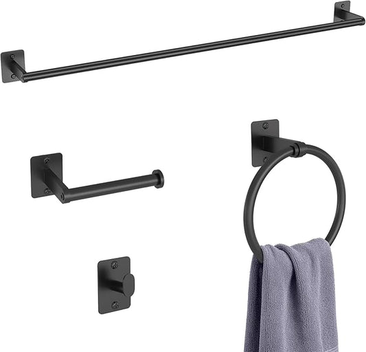 4 Pieces Bathroom Hardware Set, 32 inch Towel Bar, Matte Black Bathroom Accessories Set, Towel Racks for Bathroom, Robe Towel Hooks, Toilet Paper Holder Wall Mounted