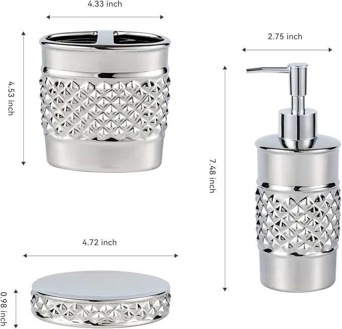 3-Piece Silver Ceramic Bathroom Accessories Set - Luxurious Soap Dispenser, Toothbrush Holder & Soap Dish with Modern Geo Embossed Design for Bathroom Accessory Set