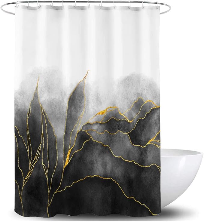 Black and Gold Shower Curtain Stylish Ombre Black Marble Bath Art Decor Curtains Abstract White Golden Leaves Fabric Curtains for Bathroom Waterproof Polyester 72 x 72 Inches