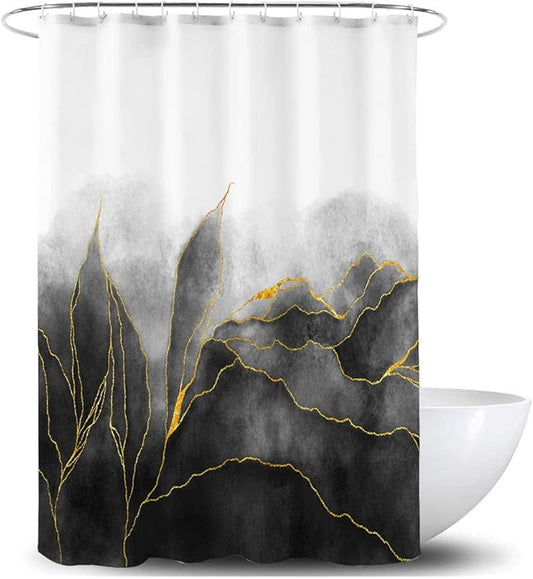 Black and Gold Shower Curtain Stylish Ombre Black Marble Bath Art Decor Curtains Abstract White Golden Leaves Fabric Curtains for Bathroom Waterproof Polyester 72 x 72 Inches