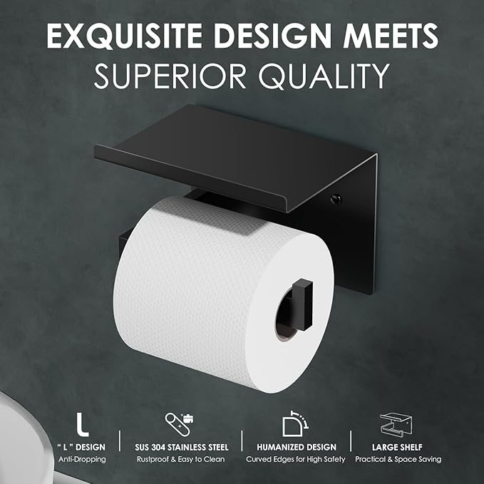 Auxmir Toilet Paper Holder with Shelf, Premium SUS304 Stainless Steel Rustproof Adhesive or Screw Wall Mounted Toilet Roll Holder, Toilet Tissue Holder for Bathroom Kitchen Washroom RV, Matte Black