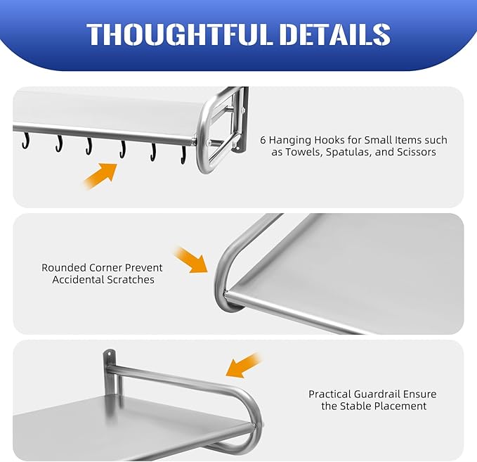 Metal Wall Shelf, 20 Inch Metal Wall Shelves with Hook Storage Shelf Suitable for Use in Kitchen, Living Room, Study, Balcony, Restaurants, Bathroom (Silver)