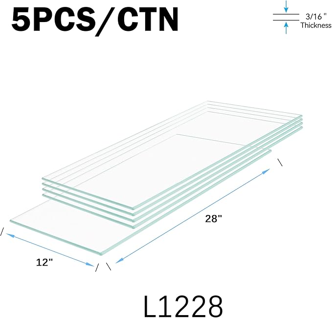 12" x 28" 5-PCS Tempered Glass Shelf, Rectangular Frameless Glass Shelves - 3/16" Thick, Suitable for Bookshelves, Display Cases, Retail Fixtures and Tabletops