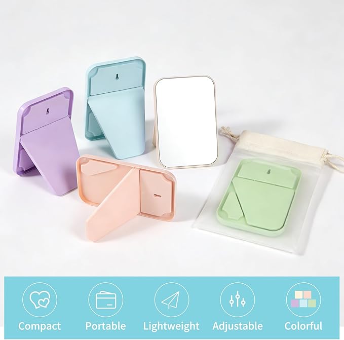20 Pcs Spa Party Mirrors for Women, Makeup Mirrors with Foldable Stand, Tabletop Vanity Mirrors Bulk, Slumber Birthday Party Favors, Sleepover Accessories and Gifts (Purple Green Pink Blue Beige)
