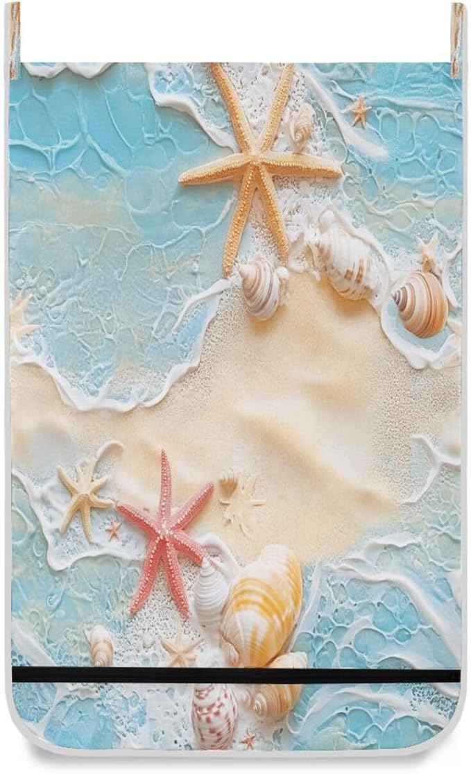 Blue Beach Sea Star Shell Summer Hanging Laundry Hamper Door Hampers Bag Basket with Stainless Steel Hooks Oxford Fabric Printing Decorative Clothes Bags 29.5X20inch 1Pack