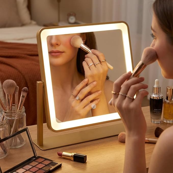 Vanity Mirror with Lights, 12"×14" Makeup Mirror with Lights, LED Makeup Mirror, Brightness Adjustable, Smart Touch with 3 Color Lighting Modes, for Bedroom Tabletop - Gold