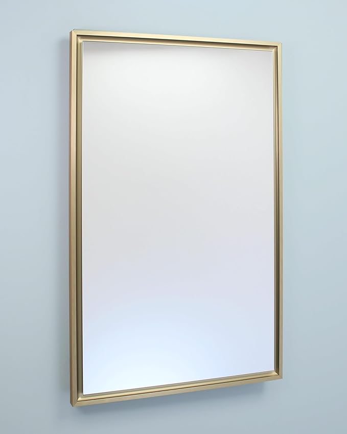 Fox Hollow Furnishings 16x26 Parker Metro Metal Framed Rectangle Recessed Bathroom Medicine Cabinet, Floating Mirror, 14x24 in-Wall Opening, Steel, Adjustable Glass Shelves, Magnet Close, Gold