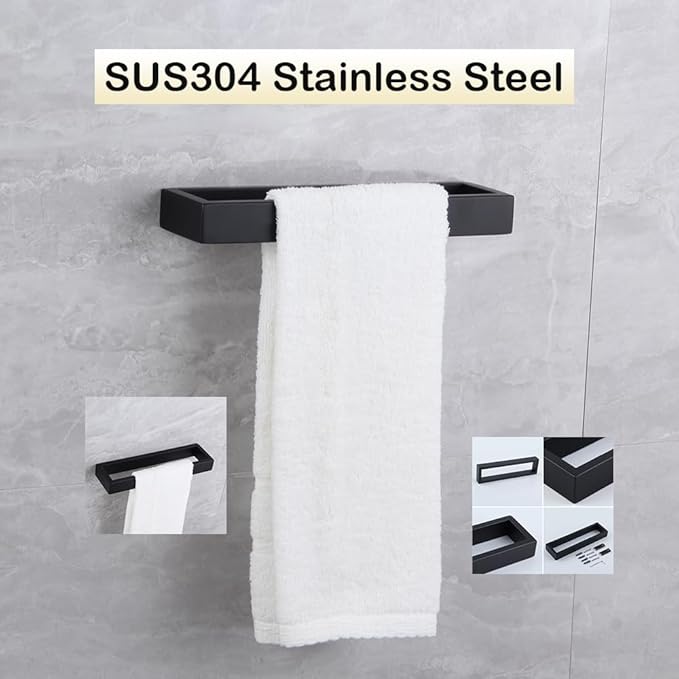 Matte Black Bathroom Towel Ring Stainless Steel Wall Mounted Hand Towel Bar Modern Square Style Towel Rack, D69018B