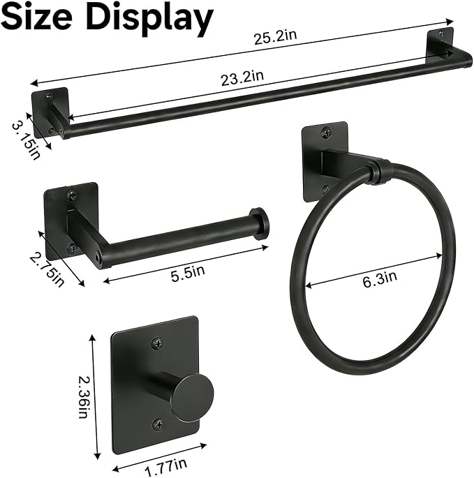 Matte Black Bathroom Accessories Set, 5 Pieces Bathroom Hardware Set, 24 inch Towel Bar, Towel Racks for Bathroom, Robe Towel Hooks, Toilet Paper Holder Wall Mounted