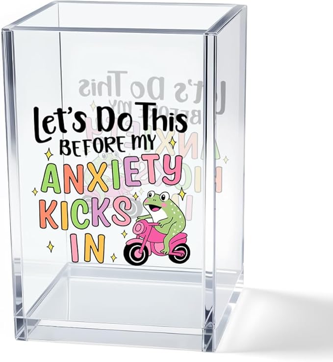 Let?€?s Do This Before My Anxiety Kicks in Acrylic Cosmetic Pencil Pen Holder Cup, Funny Frog Desk Organizer for Office Decor, Frog Lover Gifts Sarcastic Work Gifts for Women Men Coworker Employee