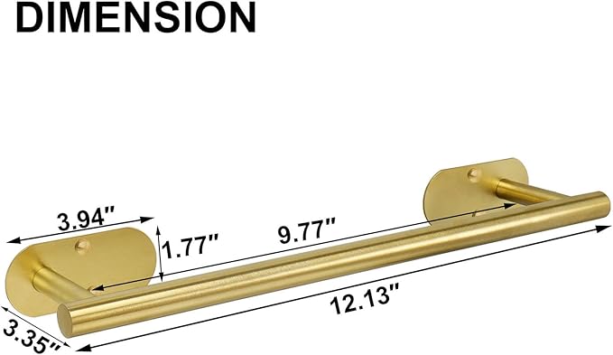 TocTen Self Adhesive Bathroom Towel Bar, Stick Towel Rack for Bathroom, Rustproof Stainless Steel Bath Towel Holder No Damage, Easy to Install Drill Free Towel Rod for Bathroom (Brushed Gold, 16 Inch)
