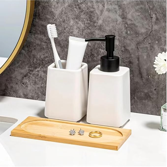 White Bathroom Accessories Set,Ceramic Soap Dispenser and Toothbrush Holder with Tray,Modern Decor Bath Set with Toothbrush Cup