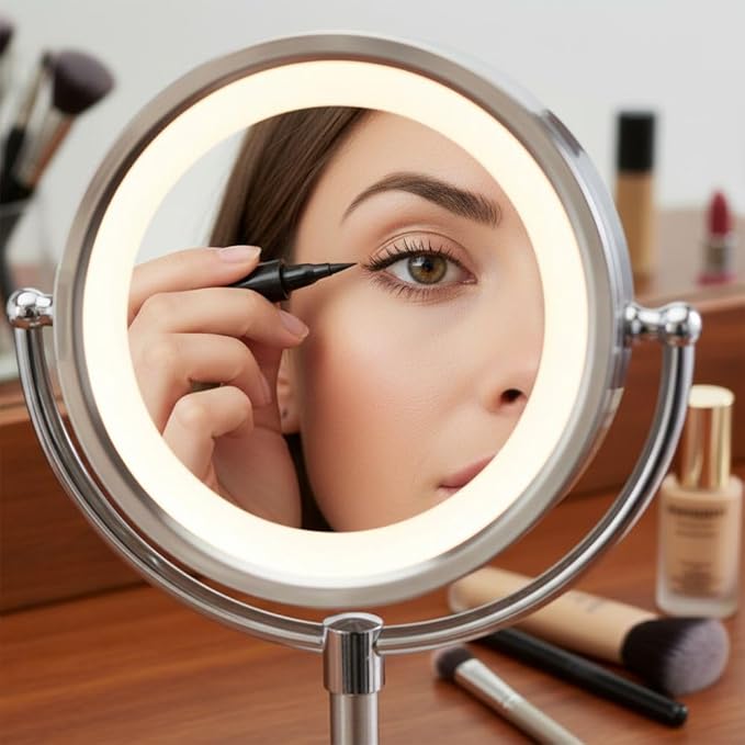 JERDON Lighted Tabletop Makeup Mirror - LED Lighted Vanity Mirror with 1X and 5X Magnification in Nickel Finish - Model HL745NC