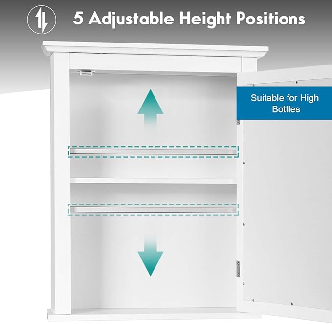 Tangkula Bathroom Cabinet with Mirror, Mirrored Wall-Mounted Storage Medicine Cabinet w/Single Door & Adjustable Shelf in 5 Positions, Multipurpose Wall Cabinet for Bathroom (White)