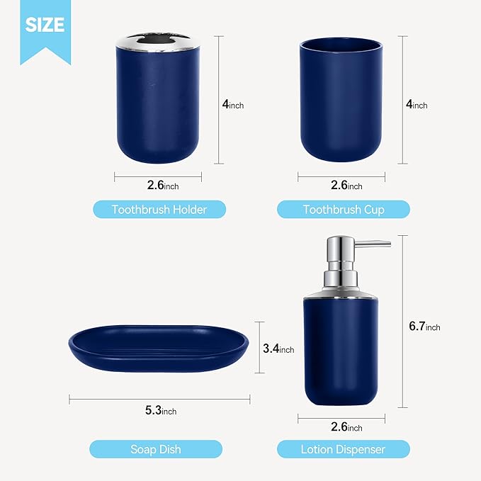 Blue Bathroom Accessories Set 4 PCS, Blue Bathroom Accessories, Plastic Soap Dispenser and Toothbrush Holder Set, Soap Dish and Mouthwash Cup, Boho Bathroom Decor, Bathroom Set