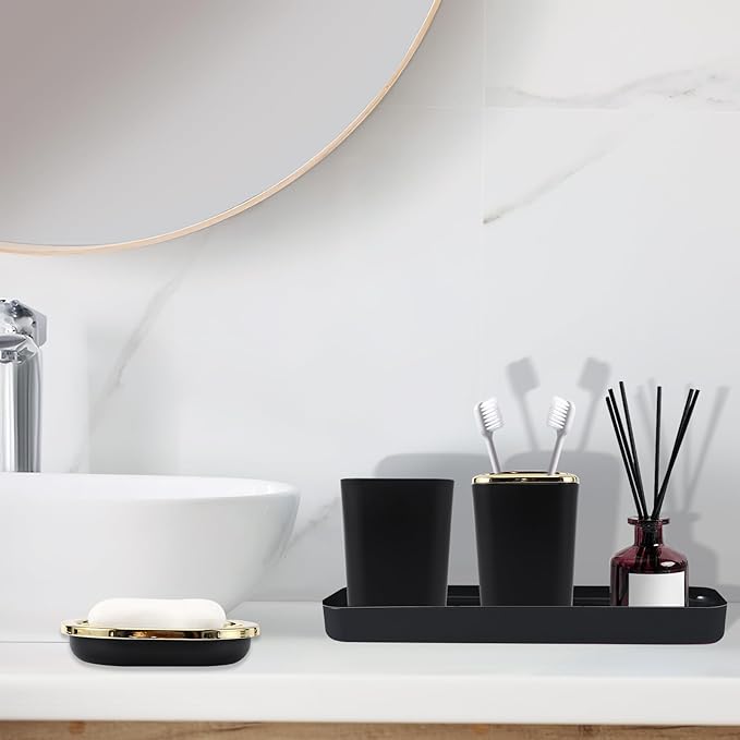 XLHOMO Black and Gold Bathroom Accessories Set, Bathroom Sets with Shower Curtain, Black Bathroom Accessories with Trash Can, Soap Dispenser, Soap Dish, Toilet Brush Holder, Qtip Holders for Bathroom