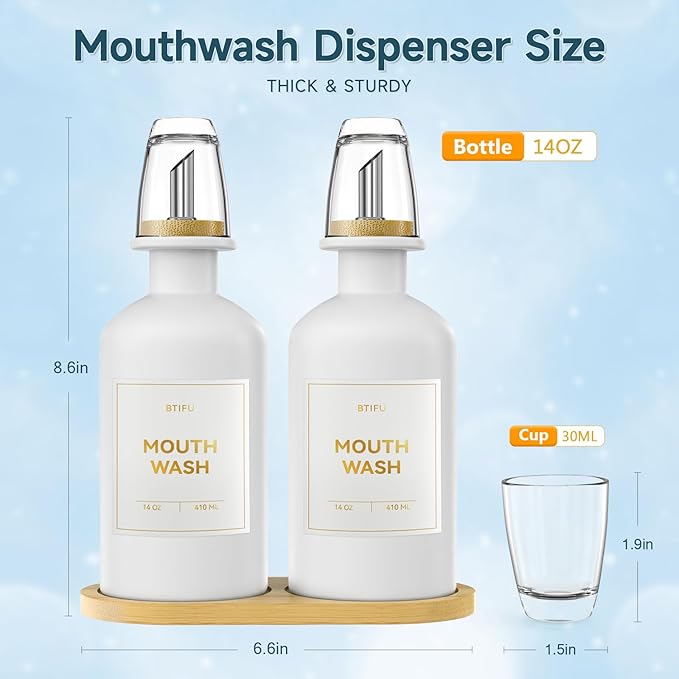 2PCS White Glass Mouthwash Dispenser for Bathroom Countertop – 14oz/410ml Refillable Mouthwash Container with Glass Cup & Bamboo Tray, Modern Bathroom Decor for Home, Vacation Rentals, Gym (White)