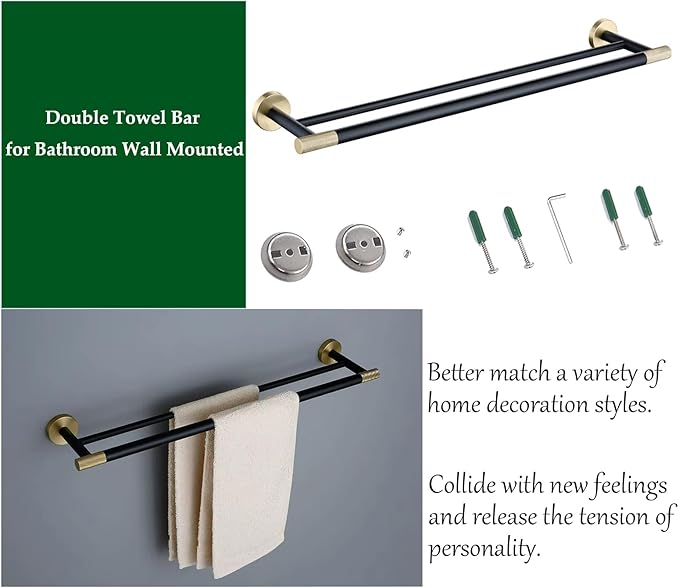 24 Inch Black and Gold Double Towel Bar, Rust-Resistant 304 Stainless Steel with Solid Brass Knurled Accents, Wall-Mounted for Bathroom & Shower