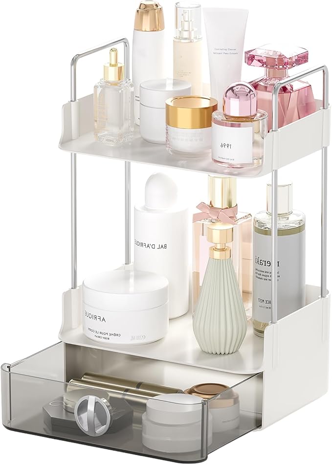Small Makeup Vanity Organizer with Drawer, 2-Tier Bathroom Countertop Organizer with Metal Support, 7.8"x5.9" Compact Perfume Organizer for Dresser, Skincare & Lotion Storage, White