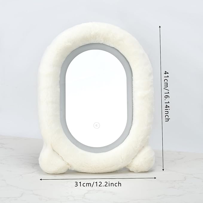 Lighted Makeup Mirror, 12”x16” Vanity Mirror with 3 Colors, Fur Wrapped Cosmetic Light Up Mirror Smart Touch Dimmable 3 Modes Light Tabletop Compact Mirror for Women Girlfriend Gift (White)