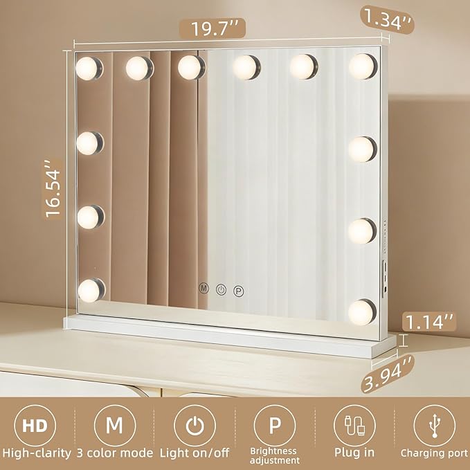Vanity Mirror with Lights, 19.7"x16.5" Hollywood Mirror with 12 Dimmable LED Bulbs, 3 Color Lighting Modes & 10X Magnification Makeup Vanity Mirror for Desk Wall-Mounted