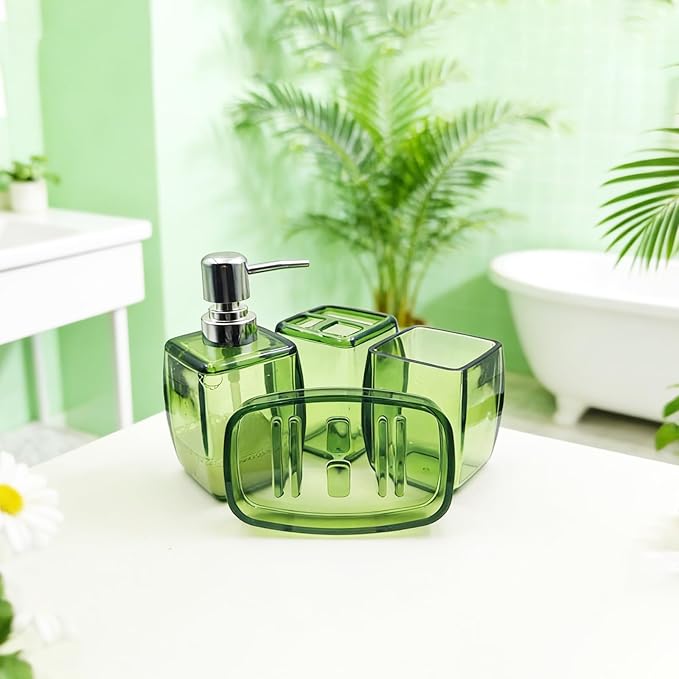 4-Piece Fresh Green Acrylic Bathroom Accessories Set — Soap Dispenser, Toothbrush Holder, Soap Dish & Mouthwash Cup, Vanity Countertop Organizer for Botanical Green Bathroom Decor