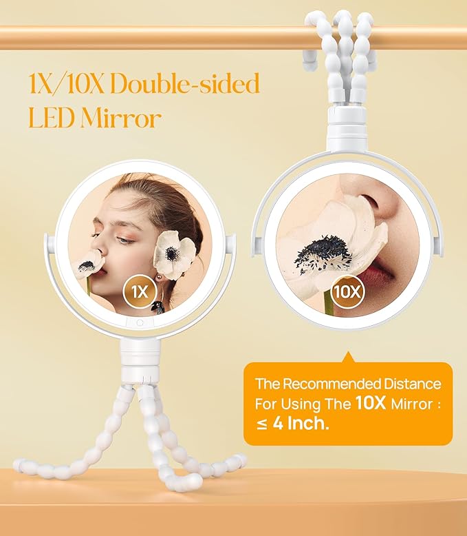 Gospire 5.85” Tripod Travel Makeup Mirror with Lights and Magnification 1X/10X, 4 in 1 Winding Hanging Handheld Tabletop, 3 Light Colors and Adjustable Brightness – White