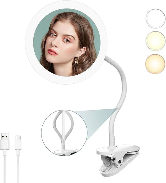 6.5" Clip-On Magnifying Vanity Mirror - 5X Magnification, USB Rechargeable, Lighted, Travel-Friendly (White)
