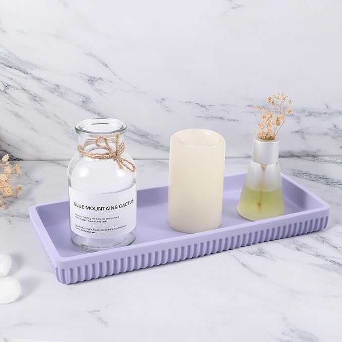 XLHOMO Resin Light Purple Bathroom Accessories Set 5 Pcs, Lotion Soap Dispenser, Toothbrush Holder, Bathroom Tumbler, Qtip Holder and Vanity Tray, Bathroom Countertop Organizer Set for Home Apartment