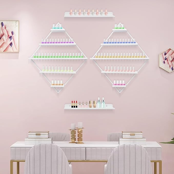 Wall-Mounted Nail Polish Rack, Set of 4 Rhombus White Nail Polish Shelf Lipstick Perfume Cosmetic Display Shelf for Home Spa Nail Salon Shop