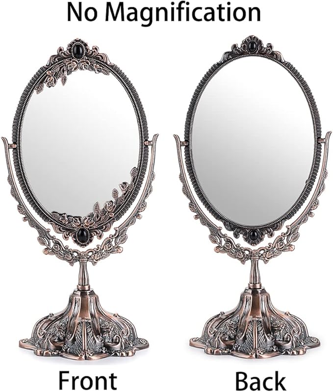 JUXYES Metal Tabletop Antique Decorative Makeup Mirror with Stand, Vintage Swivel Double Sided Cosmetic Mirror with Frame, Retro Desktop Oval Dressing Mirror for Bathroom Bedroom