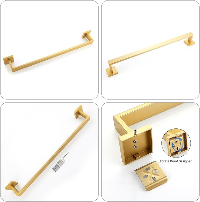 23.6 Inch Brushed Gold Bathroom Towel Bar Set, 2-Piece Square Wall Mounted Towel Rack, Wall Mounted 304 Stainless Steel Towel Holder for Bathroom