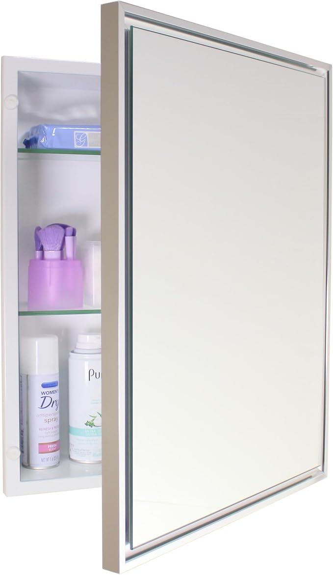 Fox Hollow Furnishings 16x20 Parker Metro Metal Framed Rectangle Recessed Bathroom Medicine Cabinet, Floating Mirror, 14x18 in-Wall Opening, Steel, Adjustable Glass Shelves, Magnet Close, Chrome