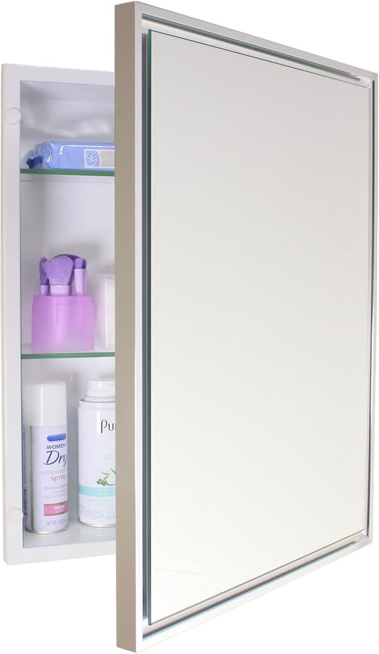 Fox Hollow Furnishings 16x20 Parker Metro Metal Framed Rectangle Recessed Bathroom Medicine Cabinet, Floating Mirror, 14x18 in-Wall Opening, Steel, Adjustable Glass Shelves, Magnet Close, Chrome