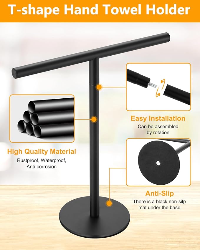 Hand Towel Holder, Bathroom Towel Racks, Countertop Towel Stand, T-Shape Towel Holder for Kitchen, Matte Black Standing Towel Bar