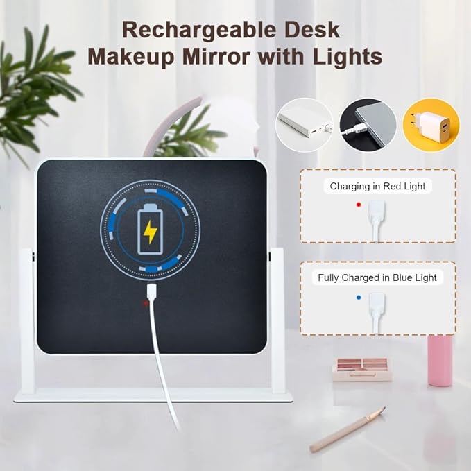 YEKKOPT Rechargeable Vanity Mirror with Lights, 14"×12" LED Makeup Mirror, Smart Touch Control, 3 Color Lighting with Adjustable Brightness,Cosmetic Mirror for Bedroom, Vanity Desk, Beauty Routine