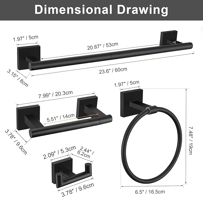 Matte Black Towel Bar Set, 5 Pieces Double Dase Toilet Paper Holder Bathroom Hardware Set, 23.6 Inch Stainless Steel Towel Racks for Bathroom Wall Mounted
