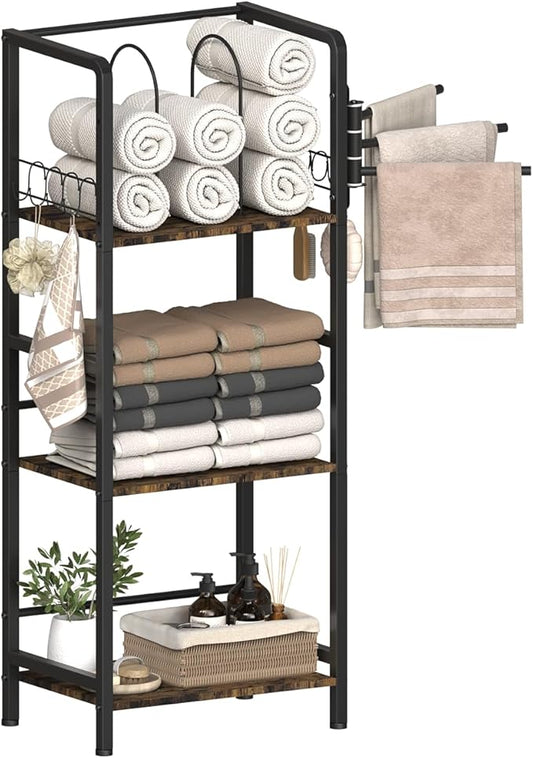 Mondazie Free Standing Towel Racks for Bathroom with 3 Rotating Bars, 3-Tier Floor Towels Holder Stand with Detachable Dividers, Pool Towel Storage Organizer with 8 S-Hooks for Home, Poolside, Black