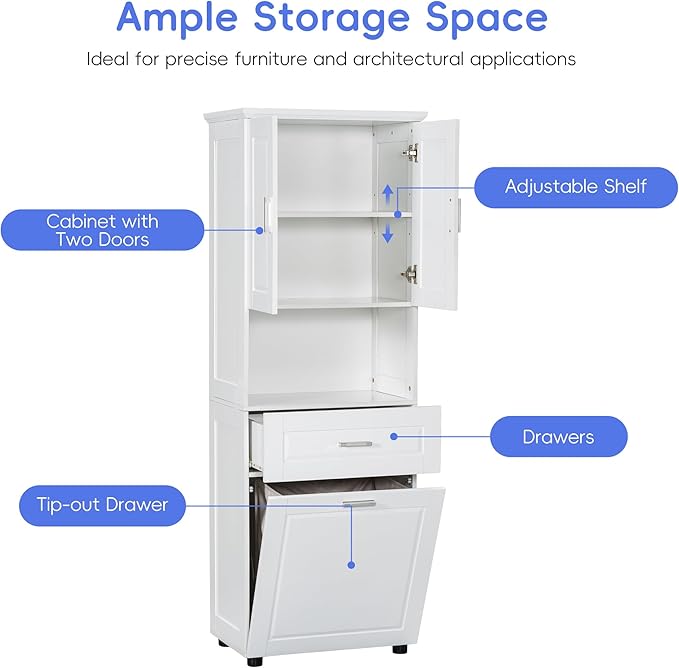 Virubi Laundry Cabinet with Tilt Out Laundry Hamper and Drawer, Wood Tall Bathroom Storage Cabinet with Doors and Adjustable Shelves, Freestanding