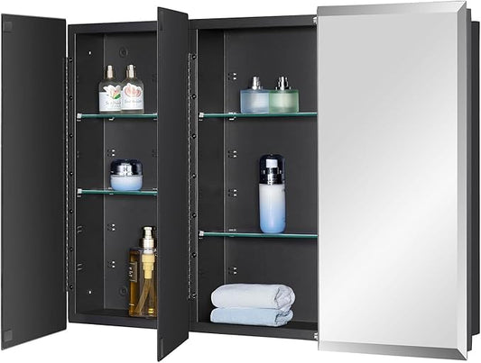 IDYLLOR Black Bathroom Medicine Cabinet with Beveled Edge Mirrored Door 36 x 26 inch, Recessed or Surface Mount, with Adjustable Glass Shelves