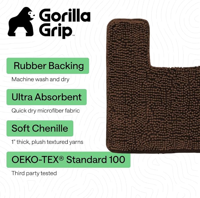 GORILLA GRIP Plush Absorbent Shaggy Chenille Bath Rug Mat for Square Toilet Base with Rubber Backing, Machine Washable Rugs, Soft Microfiber Contour Mats for Toilets, Bathroom Decor, Brown