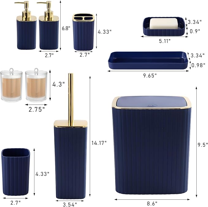 XLHOMO Bathroom Accessories Set - Gorgeous Bathroom Set, 10PC Navy Blue Bathroom Accessory Set, Toilet Brush, Trash Can, Qtip Holder & Soap Dispenser