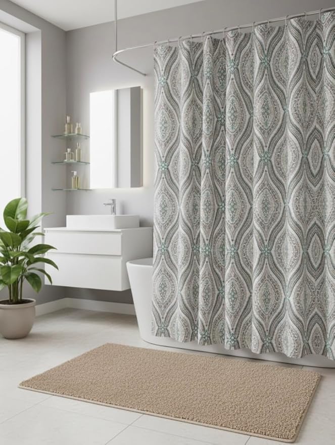 Serafina Home Hotel Quality Fabric Bathroom Shower Curtain: Modern Damask Paisley - Beige, Green and Taupe (72 x 70 inches)