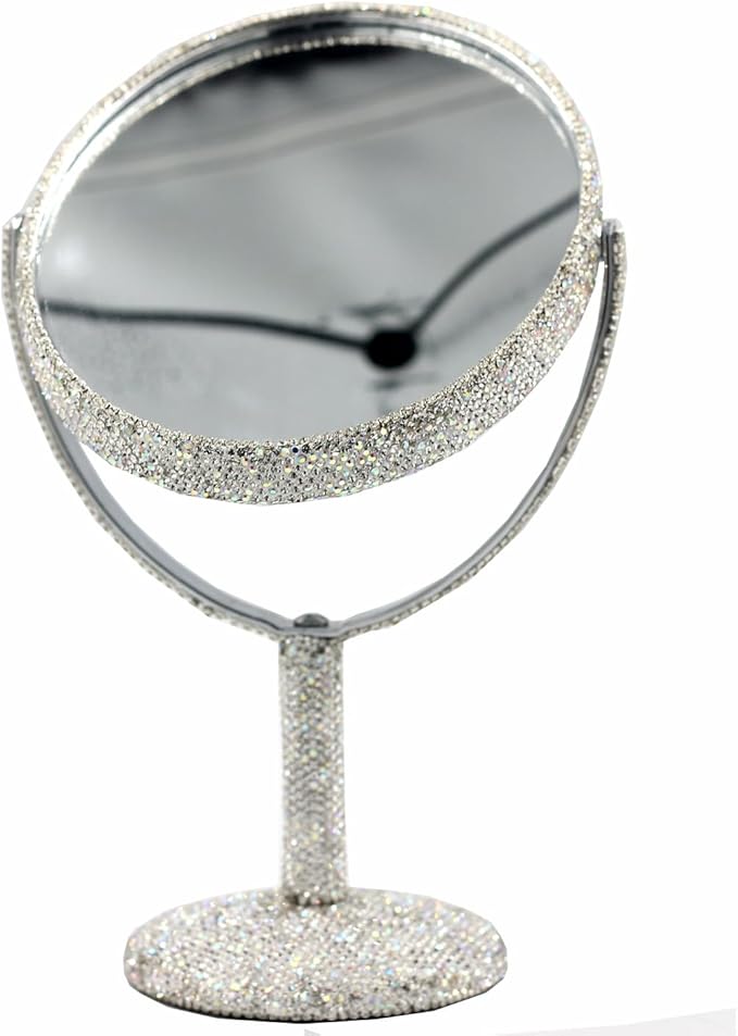 Bling Bling 6-Inch Double-Sided Tabletop Makeup Mirror, Oval Metal Makeup Mirror with 1:2 Magnifying Mirror, Rotating Mirror for Vanity (Silver)