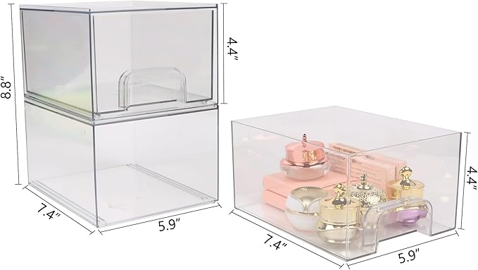Stackable Clear Bin Plastic Organizer Drawers,Acrylic Bathroom Makeup Organizer Storage Drawers Bin,2 Pack