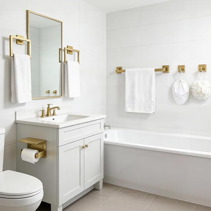 Brushed Gold Bathroom Accessories 6-Piece, Stainless Steel Luxury Bathroom Hardware Set, 16" Towel Bar, Toilet Paper Holder with Shelf, 2 Towel Rings & 2 Hooks, Wall Mounted for Bathroom Remodel