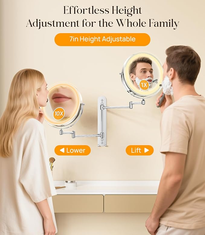 Gospire 9” Wall Mounted Makeup Mirror with Magnification 10X, 7in Height Adjustable Vanity Lighted Mirrors for Bathroom Wall, 360° Extended Arm Shaving Wall Mirror with Lights - Chrome