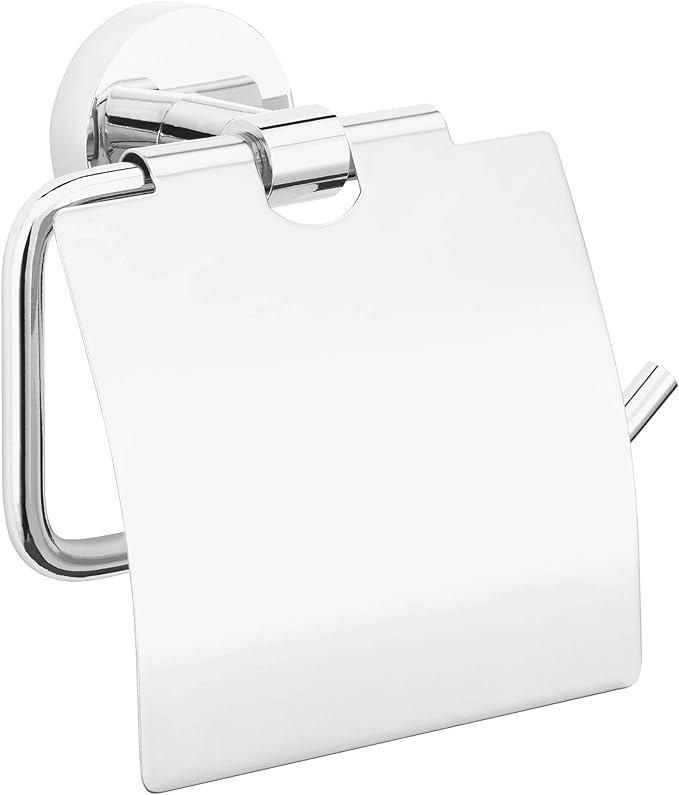 tesa EXXCELENT Toilet Roll Holder with Lid - Wall-Mounted Toilet Paper Holder with Power.Kit Technology in Stainless-Steel Design - Waterproof, incl. Adhesive Solution - 140mm x 138mm x 52mm