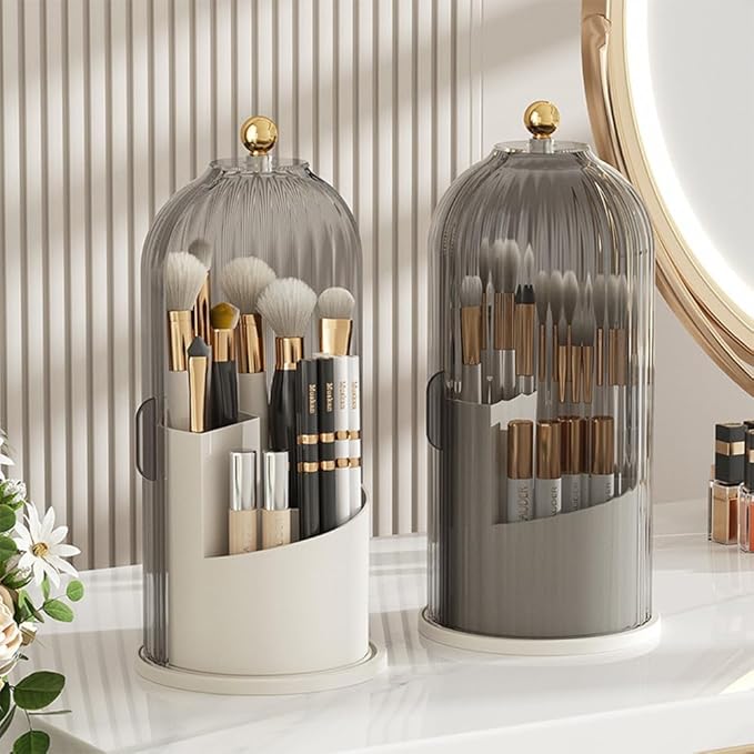 Makeup Brush Holder Organizer with Lid, 360?? Rotating Clear Dustproof Cosmetics Storage, Makeup Brushes Cup Pen Holder for Vanity Desktop Bathroom Countertop (Clear Black Cap)